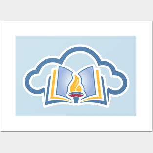 Online Education Sticker logo concept. Torch and cloud icon. Publisher and creator sticker logo template. Posters and Art